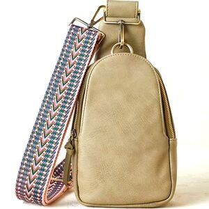 Compact Tan Crossbody Sling Bag with Decorative Strap